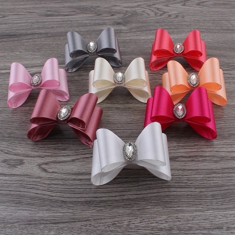 

30pcs/lot 3.2" 8colors Newborn Luxe Kids Bows+Crystal Rhinestone Button Handmade Hard Satin Bow For Kids Girls Hair Accessories