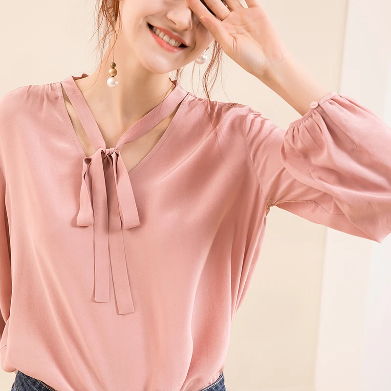 Женская шелковая блузка, натуральный шелк, креп, длинный рукав, Офисная Женская блузка с принтом, рубашка, весна, топ, розовый