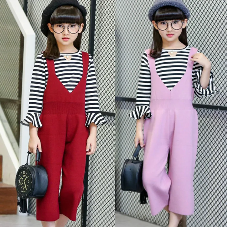 

2016 Kids Girls stripe casual Bib Set children 2016 new children in two sets of spring