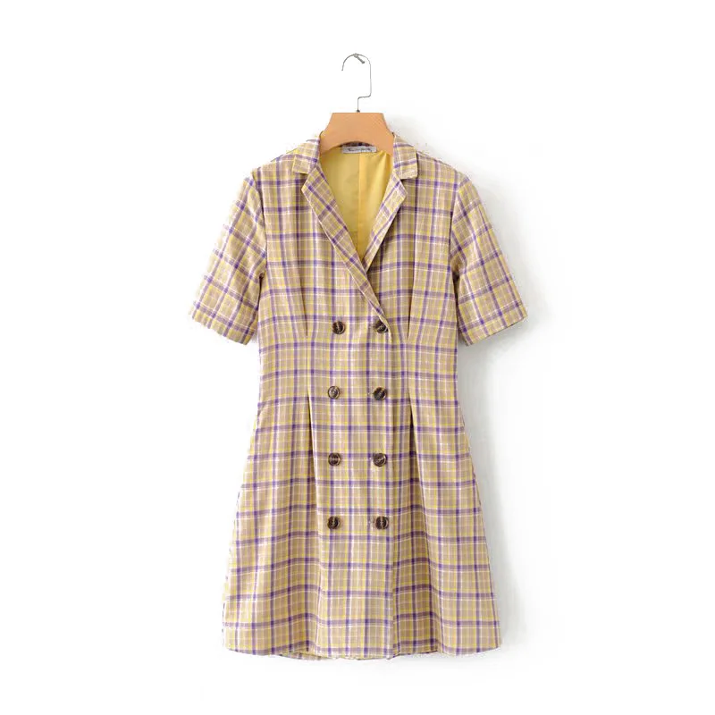 

Summer Suit Dress Women Retro Dress Elegant Mini Short Sleeve A-Line Plaid Buckle Dresses Famale Clothing
