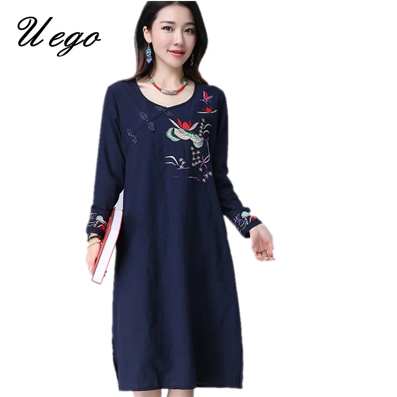 

Uego 2019 New fashion Embroidery floral chinese style dress long sleeve autumn Spring dress cotton linen plus size women dress