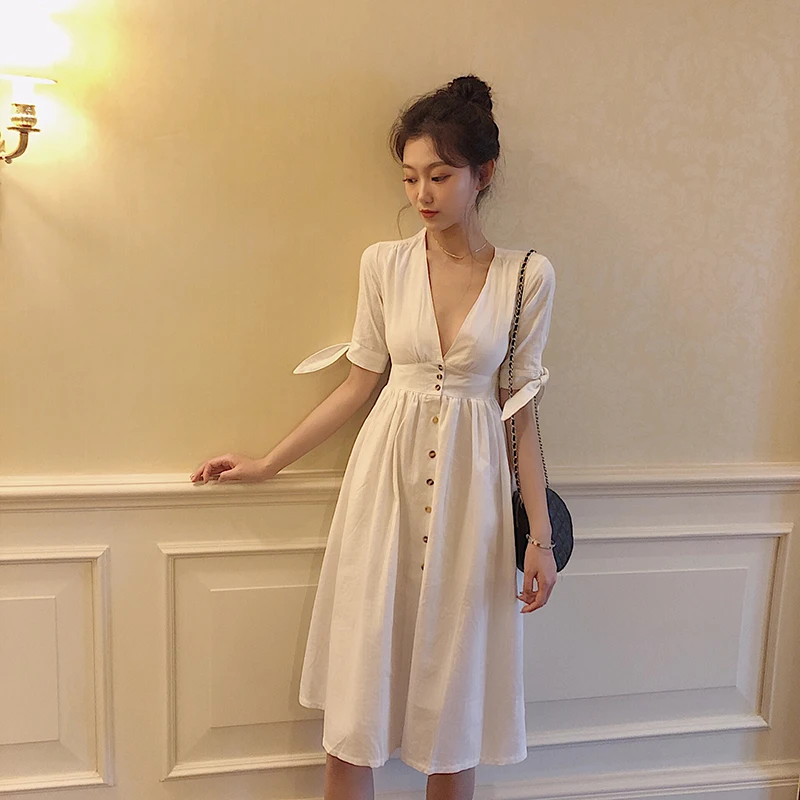 

2019 women Retro Slim V-Neck Short sleeve Knee-length Empire A-Line Dress