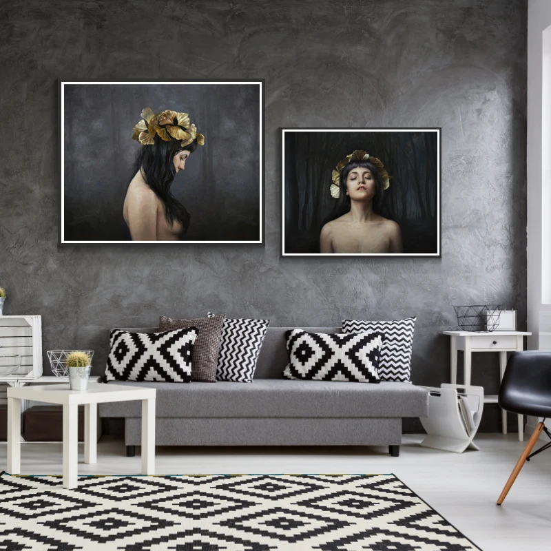 

Nordic Style Beauty with Ginkgo leaves Canvas Painting Posters Print Gothic Decor Wall Art Pictures For Living Room Bedroom Cafe