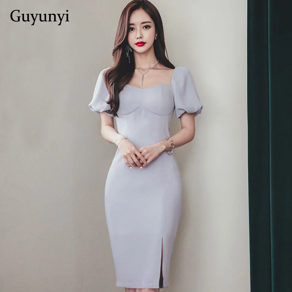 

Plain Color Elegant Office Dress 2019 Summer Small Sexy Square Collar Short Puff Sleeve Slim Athens Dress Women
