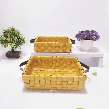 

Handmade Woven Rectangular Basket PU Handle Wooden Primary Color Large Capacity Storage Basket