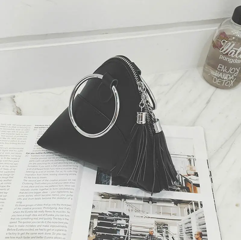 LJL Сумочка для пышек Женская сумочка мини-сумка с кисточками треугольные женские сумки PU(черный