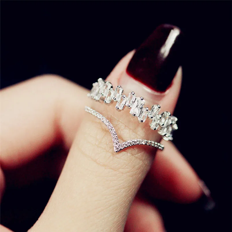 

Fashion Shinning AAA cubic zirconia Baguette ring Simple V shape CZ Stone Pave Setting Open thin band Ring Feminino Jewelry