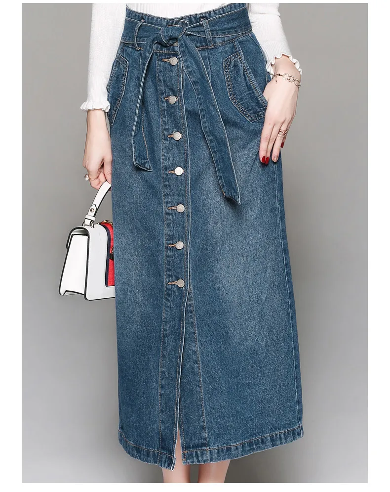 Autumn Winter Woman Skirt Blue Denim Skirt With Pockets Sash Belt Front  Buttons Fashion Casual Long Denim Cotton Skirt - Skirts - AliExpress