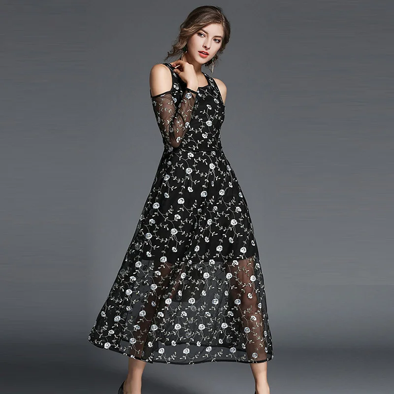 ShejoinSheenjoy O-Neck Mesh Patchwork A-Line Dresses Women Flower Embroidery Long Dress Black Off Shoulder Sexy Party Dresses (2)