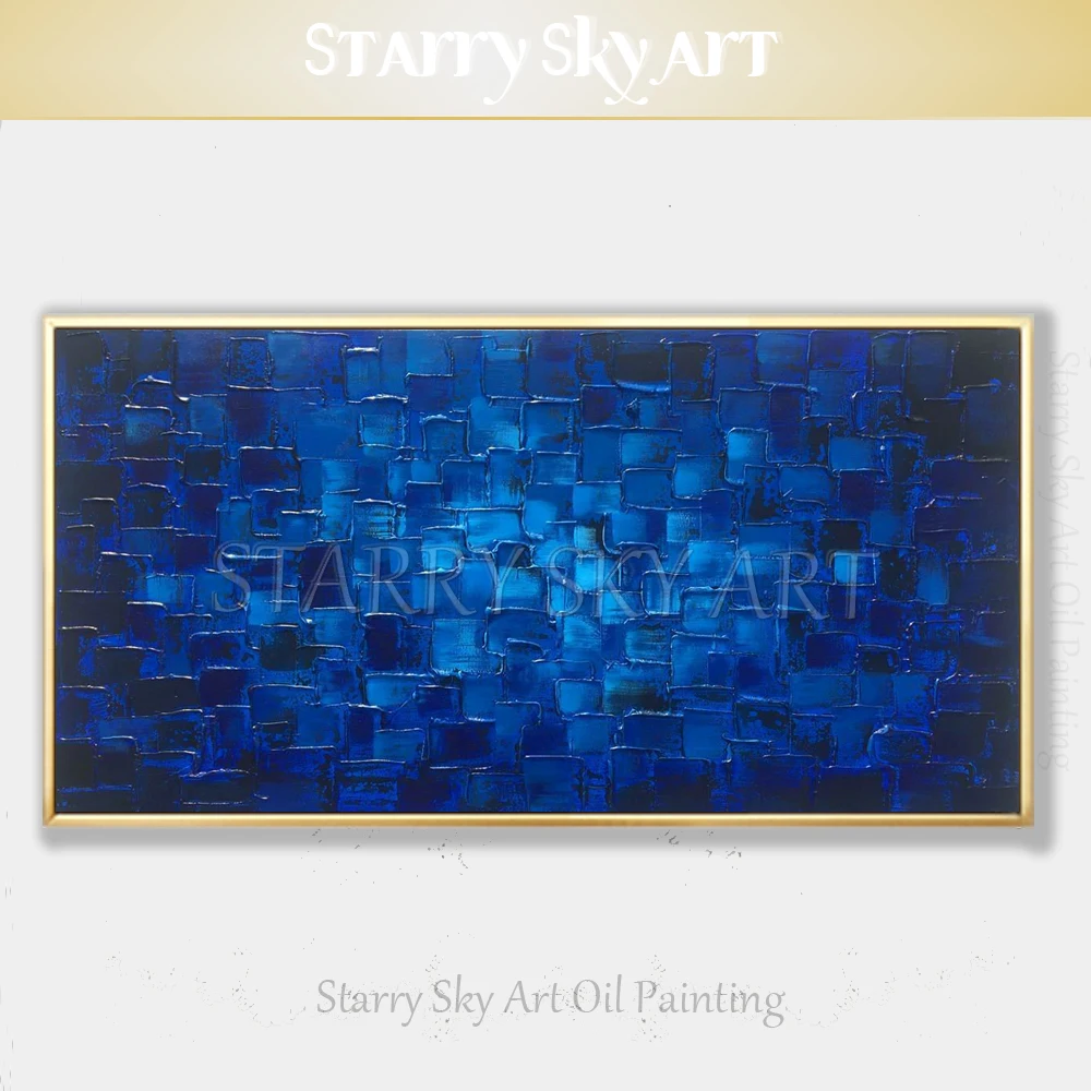 

King Size Thick Textured Abstract Oil Painting Beautiful Wall Art Blue Knife Textured Oil Painting for Living Room Decoration