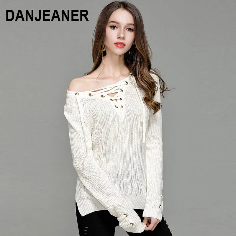 

Danjeaner Sexy Lace Up Knitted Winter Sweater Women Loose Long Sleeve White Pullovers 2018 Plus Size Outwear Jumper Top Femme