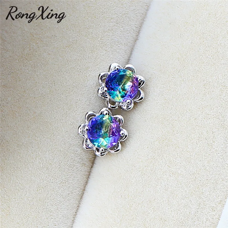 Женские серьги гвоздики RongXing с разноцветными камнями и цветком из разноцветного