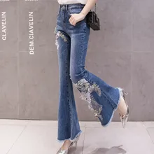 Высококачественные джинсовые брюки с 3D цветочной вышивкой корейские джинсовые женские брюки клёш