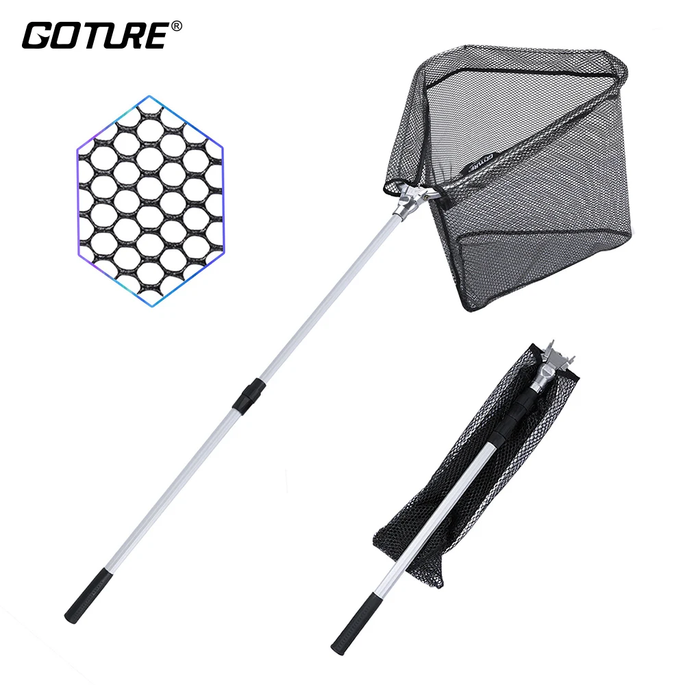 

Goture Folding Fishing Landing Net Fish Net Cast Carp Rubber Coated Net Network with Extending Telescoping Pole Handle