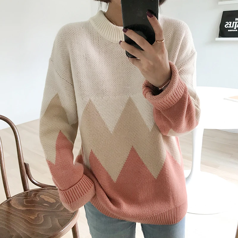 

2019 New Winter Women Casual Sweaters Korean Geometric Patchwork Long Sleeve Thicken Pullovers Jumpers Female Vintage Sweater