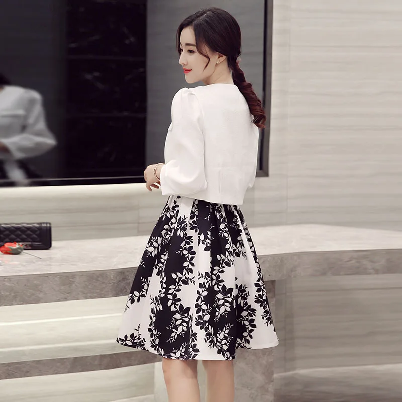 Новинка, весеннее модное Черное и белое контрастное Платье с принтом в виде листьев, приталенный короткий Блейзер, женский костюм, LXF2