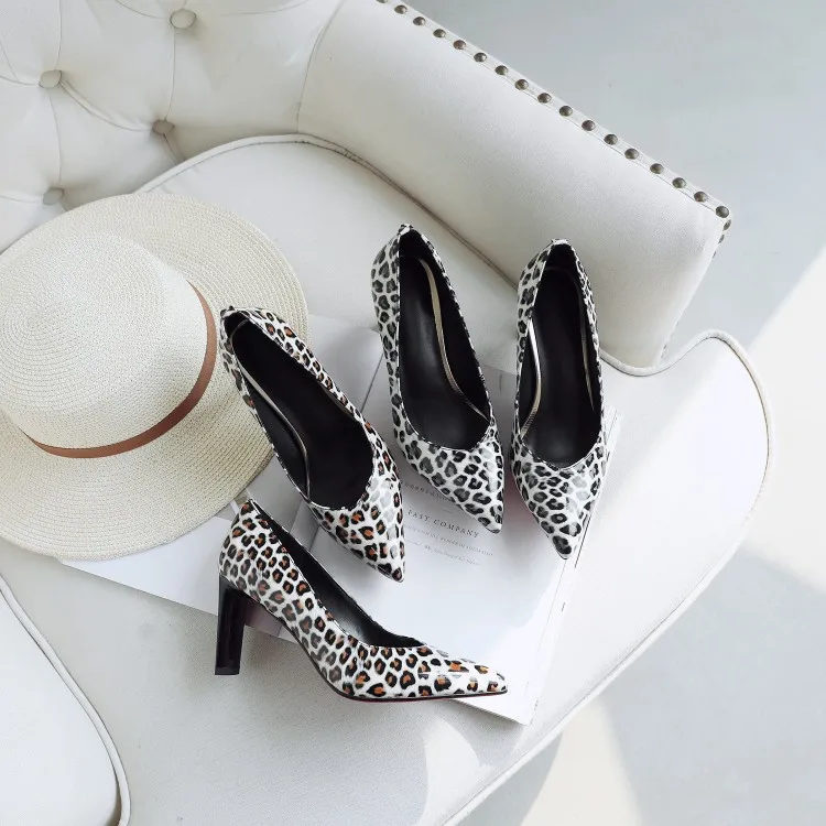 

MLJUESE 2019 women pumps autumn spring Cow leather leopard pointed toe Rome style pot high heels lady shoes party dress wedding