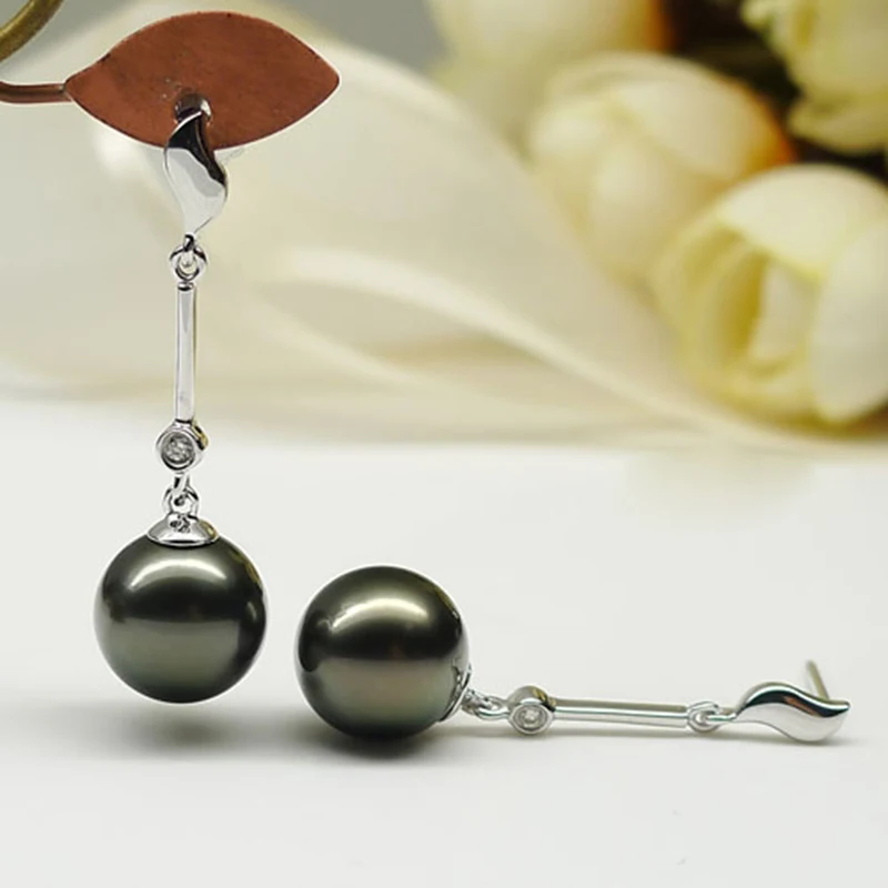 AINUOSHI 925 пробы Серебряные Листья на шею из жемчуга в форме серьги 9,5-10 мм натуральное таитянское черный жемчуг круглый жемчуг, серьги из серебра