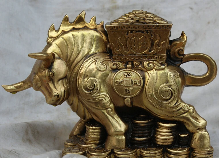 

JP S061 9" Chinese Zodiac Year Feng Shui Brass Bull Oxen Carry Wealth Fortune Statue B0403