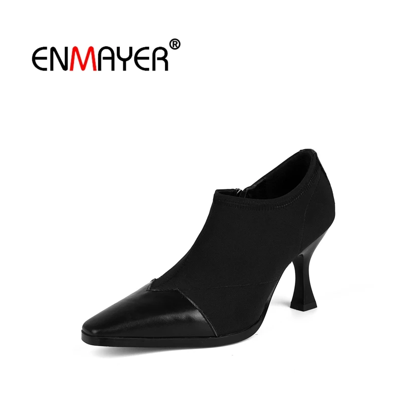 

ENMAYER Ankle boots Spring boots Pointed toe Female High heels Zip Patchwork Boots For Ladies Shoes women Zapatos Mujer CR1590