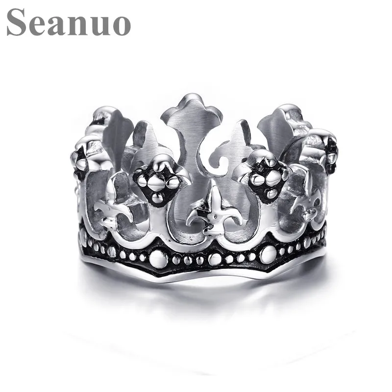 cheap Seanuo Hot Sale Punk Jewelry Anillos New Men #039;s Rings Royal King Crown Knight Fleur De Lis Vintage For Men Jewelry