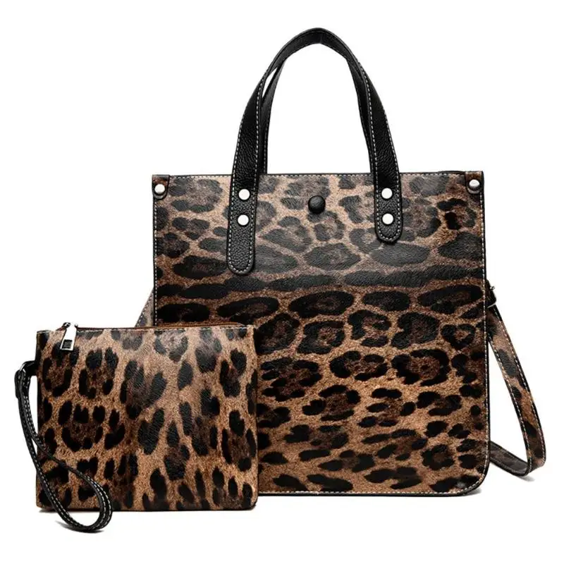 2 шт. кожаные сумки с леопардовым узором Женская композитная Сумка-тоут сумка-мессенджер квадратная сумка ретро сумка с принтом животных - Цвет: brown