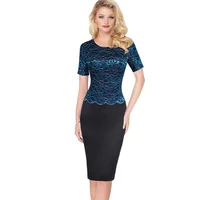 2016 Women New Chic Work Pencil Dresses Lady Lace Patchwork Short Sleeve Ruffles Natural O-Neck Knee-Length Summer Casual Dress