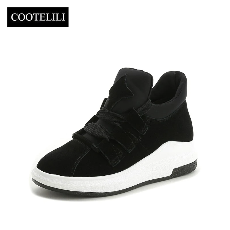 

COOTELILI Women Sneakers Flat Platform Woman Creepers Suede Leather Female Oxfords Lace up Ladies Casual Shoes Black Red