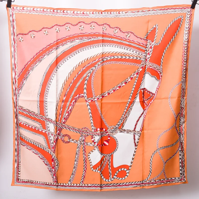 

Orange Horse Head Scarf Women Brand Design 90*90cm Pure Twill Silk Scarf 14m/m Square Bandana Headband Hairband