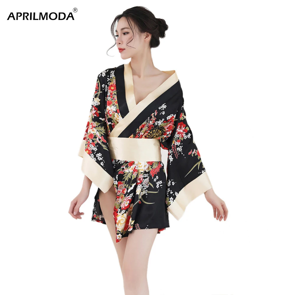 

Japanese Kimono Vintag Kimono Women Satin Floral Printed Nightwear Japanese Traditional Yukata Japon Short Dress Cosplay Costume