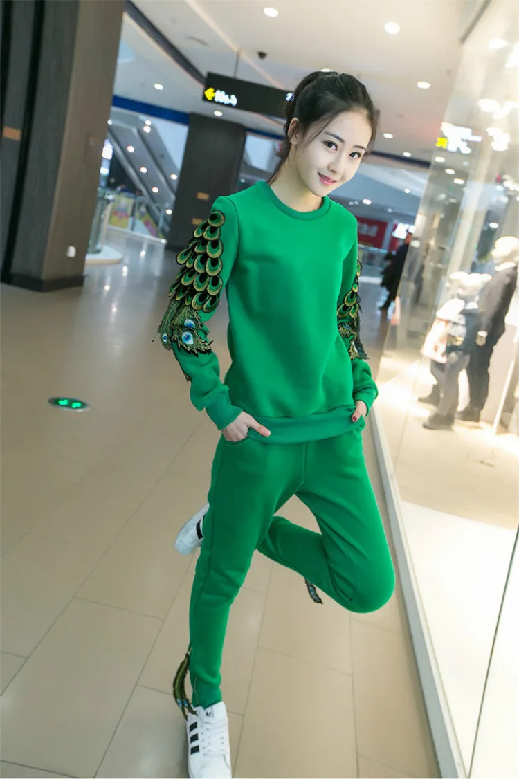 Комплект из двух предметов, женская спортивная одежда, костюм павлина, бренд, весна-осень, вышивка, топ и штаны, наборы, женские брюки, костюм - Цвет: Зеленый