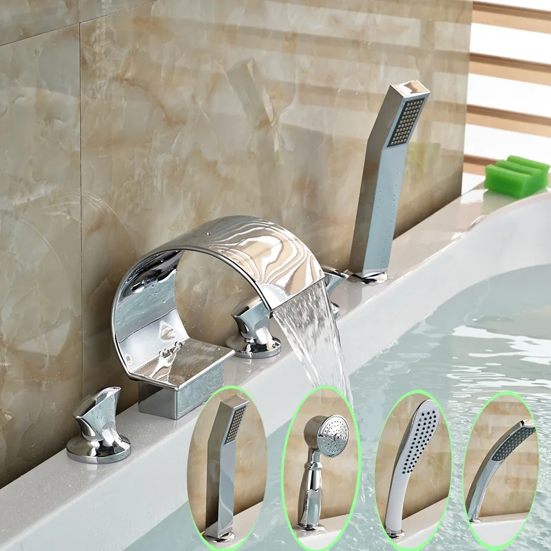 

Chrome Polished Deck Mounted Bathtub Sink Mixer Water Taps with Hand Shower Faucet