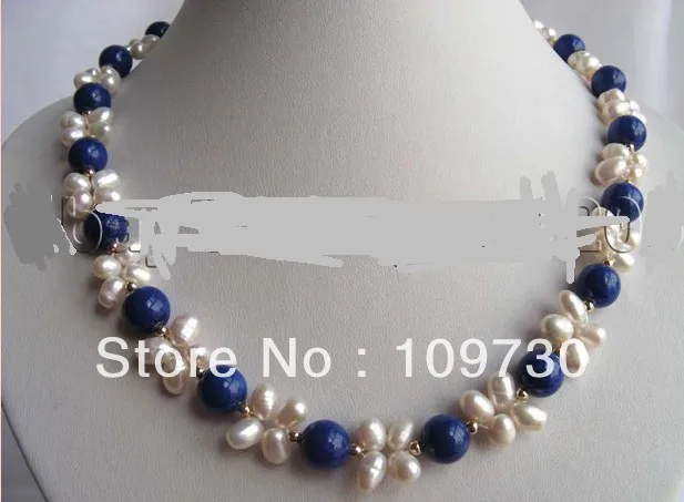 

Jewelry 001305 19" Handwork Natural White Pearl Lapis Lazuli Necklace