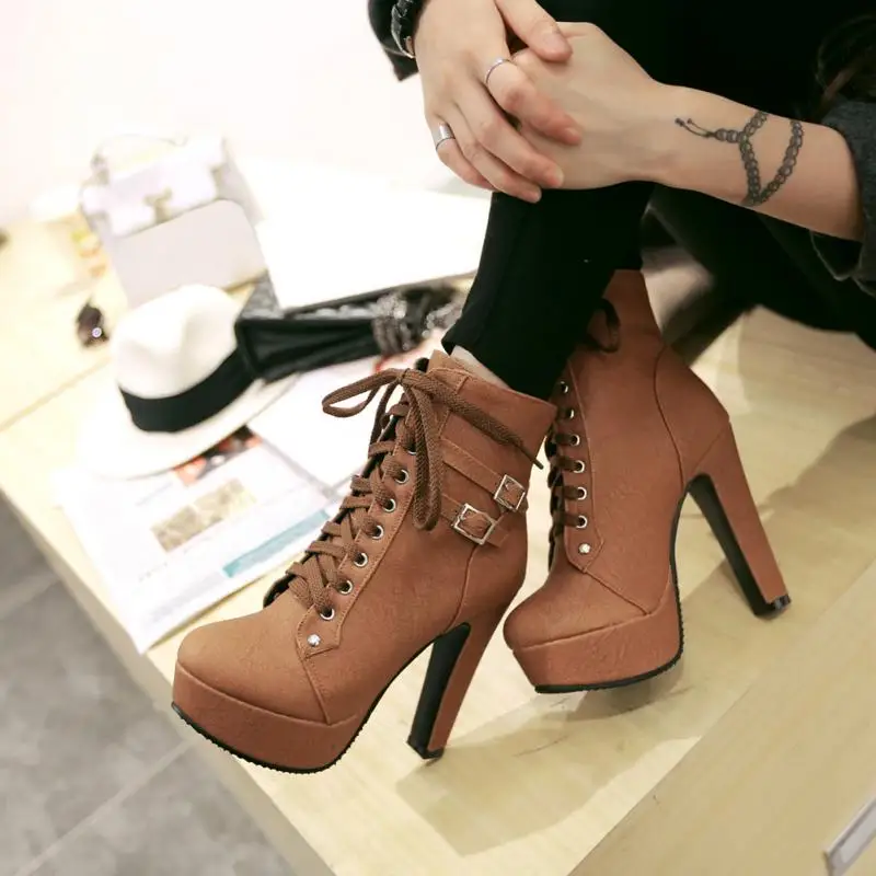 

Women High Heels Front Lace-up Boots Belt Buckle Wear Resistant Waterproof Autumn Winter female shoes non-slip Boots