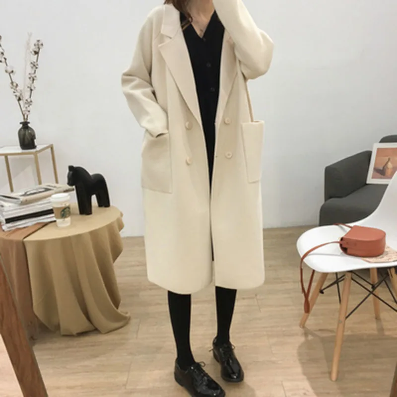 

Thick imitation velvet suit collar windbreaker loose long sweater sweater cardigan women's windbreaker multicolor W99