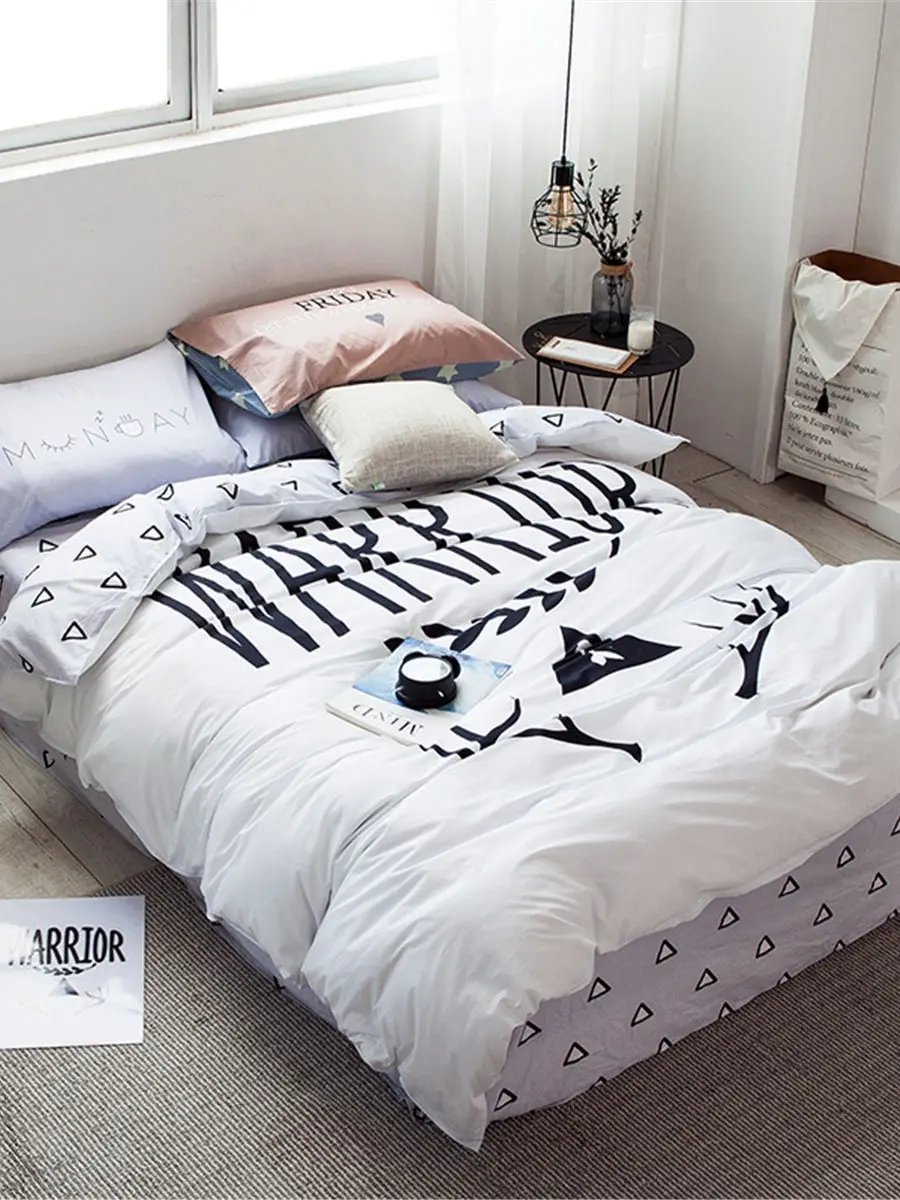 

4Pcs Duvet Cover Set Fresh Simple Style Letters Double Sided Supple Bedding Set