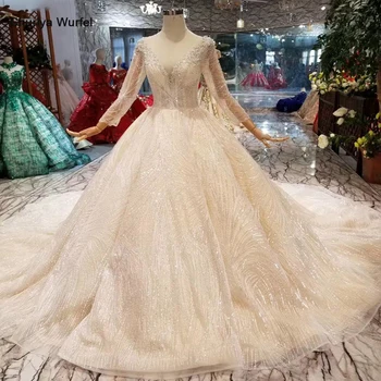 

HTL019 shiny wedding dress champagne o-neck long sleeve lace crystal beauty wedding gown with train for wedding party matrimonio