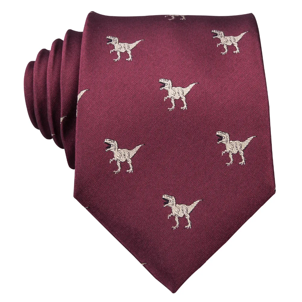 Men's Dinosaur Silk Tie Handkerchief and Cufflinks Set | Red