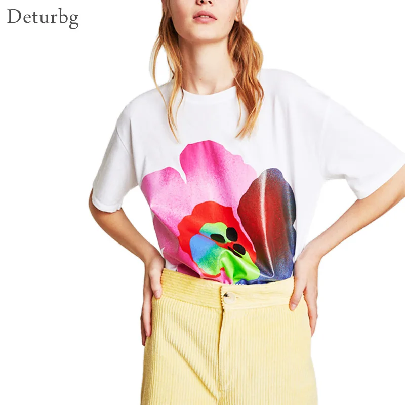 Women's Cute Large Flowers Print T Shirt Female Casual Short Sleeve