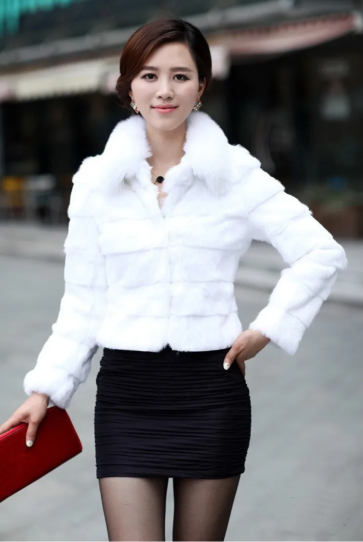 Зимнее женское пальто из искусственного меха кролика воротник из искусственного меха лисы 4XL 5XL размера плюс толстое меховое Болеро в полоску короткая черная куртка - Цвет: Белый