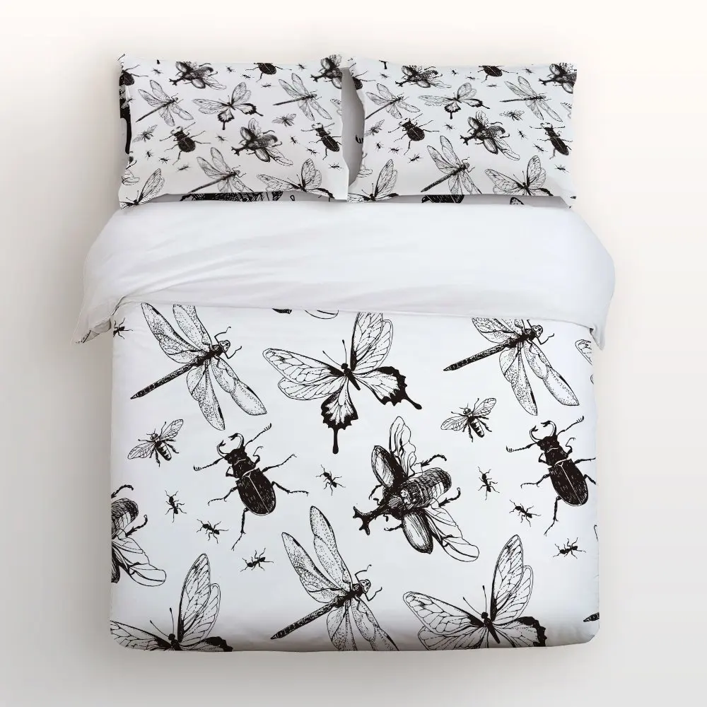 4 Piece Bed Sheets Set Monochrome Butterflies Dragonflies Insects Print