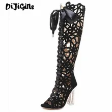 Г. Новые популярные женские ботинки летние прозрачные туфли на высоком квадратном каблуке крутые рабочие ботинки с перекрестной шнуровкой женские сандалии