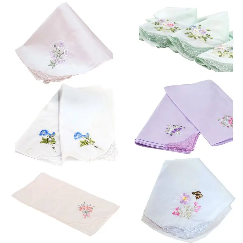

New 3 Pcs/Set 29x29cm Women Square Handkerchief Floral Embroidered Pocket Hanky Lace Patchwork Cotton Baby Bibs Portable Towel