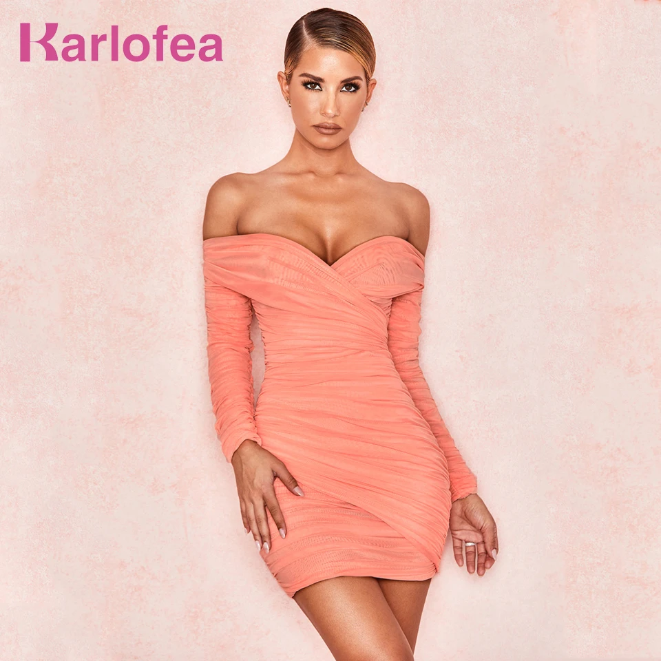 

Karlofea Wrap Off Shoulder Dress Ladies Sexy Low Neck Mesh Ruched Mini Dress Gorgeous Club Party Wear Bodycon Vestidos Outfits