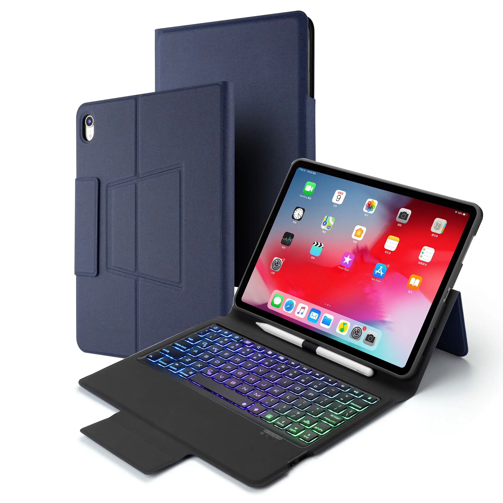 

for iPad Pro 11 Inch 2018 Bluetooth Keyboard Leather Case with 7 Color Backlight Keyboard Flip Stand Tablet Case with Pen Holder
