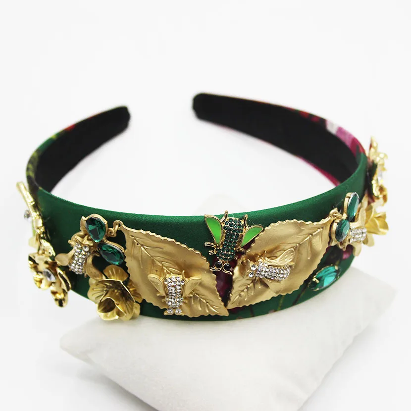 

Gold Head Band Metal Jewel Headband Leaf Green Hair Accessories Vintage Metal Flowers Luxury Jeweled Women Gem Gemstone Hairband