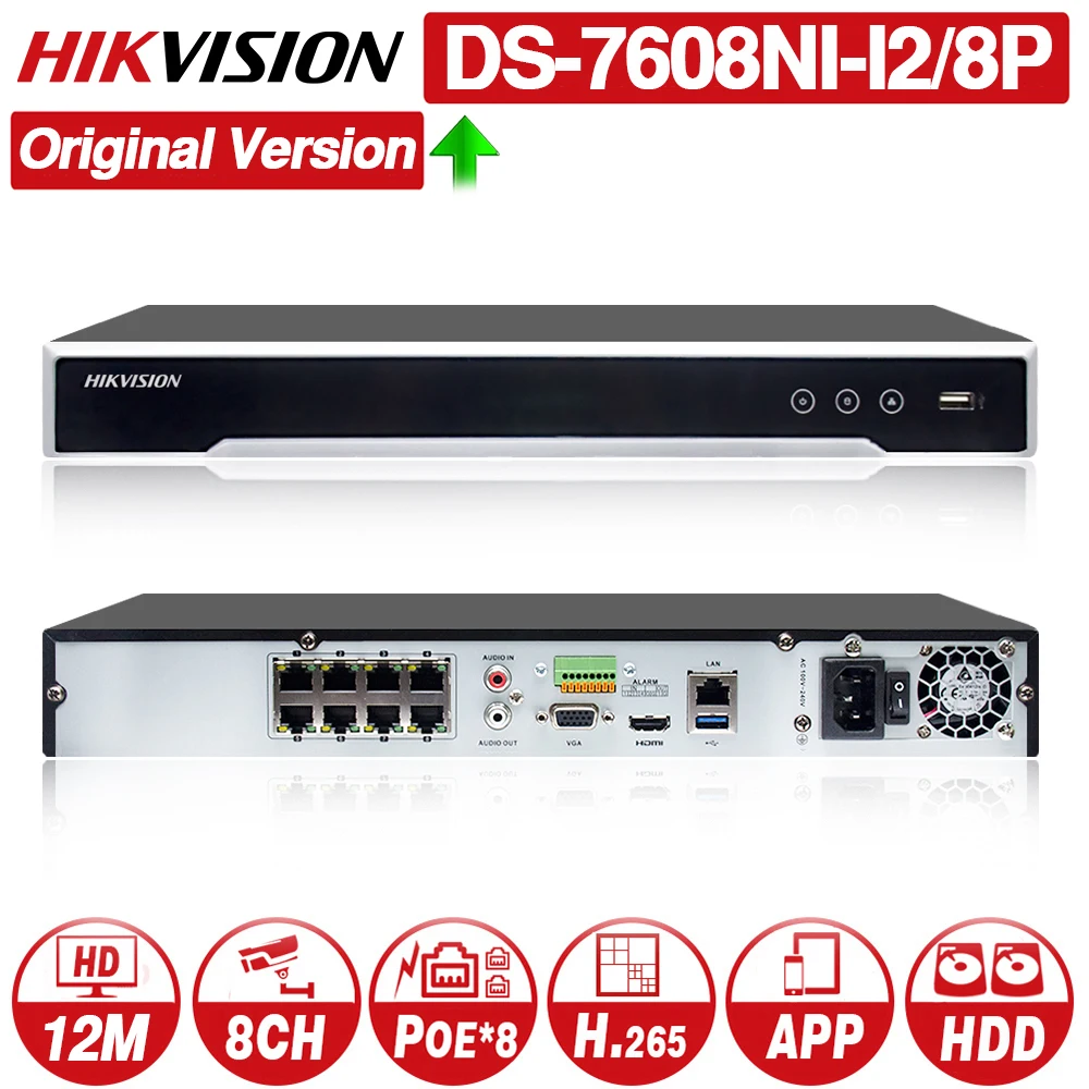 

Hikvision Original NVR DS-7608NI-I2/8P 8CH 8 POE NVR for POE Camera 12MP Max 2 SATA Network Video Recorder.
