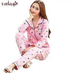 Fdfklak M-3XL плюс Размеры пижамы для Для женщин с длинным рукавом Печать Пижама Для женщин 2018 новые хлопковые пижамы Pijama комплект Пижама Femme