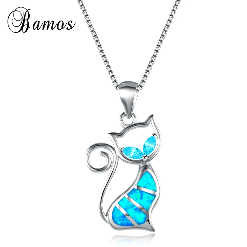 

Bamos Stylish Female Kitty Jewelry High Quality 925 Sterling Silver Filled Blue Fire Opal Cat Pendant Necklace For Women NL0077