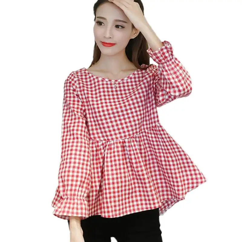 

2019 new Women Blouses Loose Casual Cotton Linen Shirt Women Plaid Blouse O-neck Long Sleeve Plus Size Women Tops Blusas S-3XL